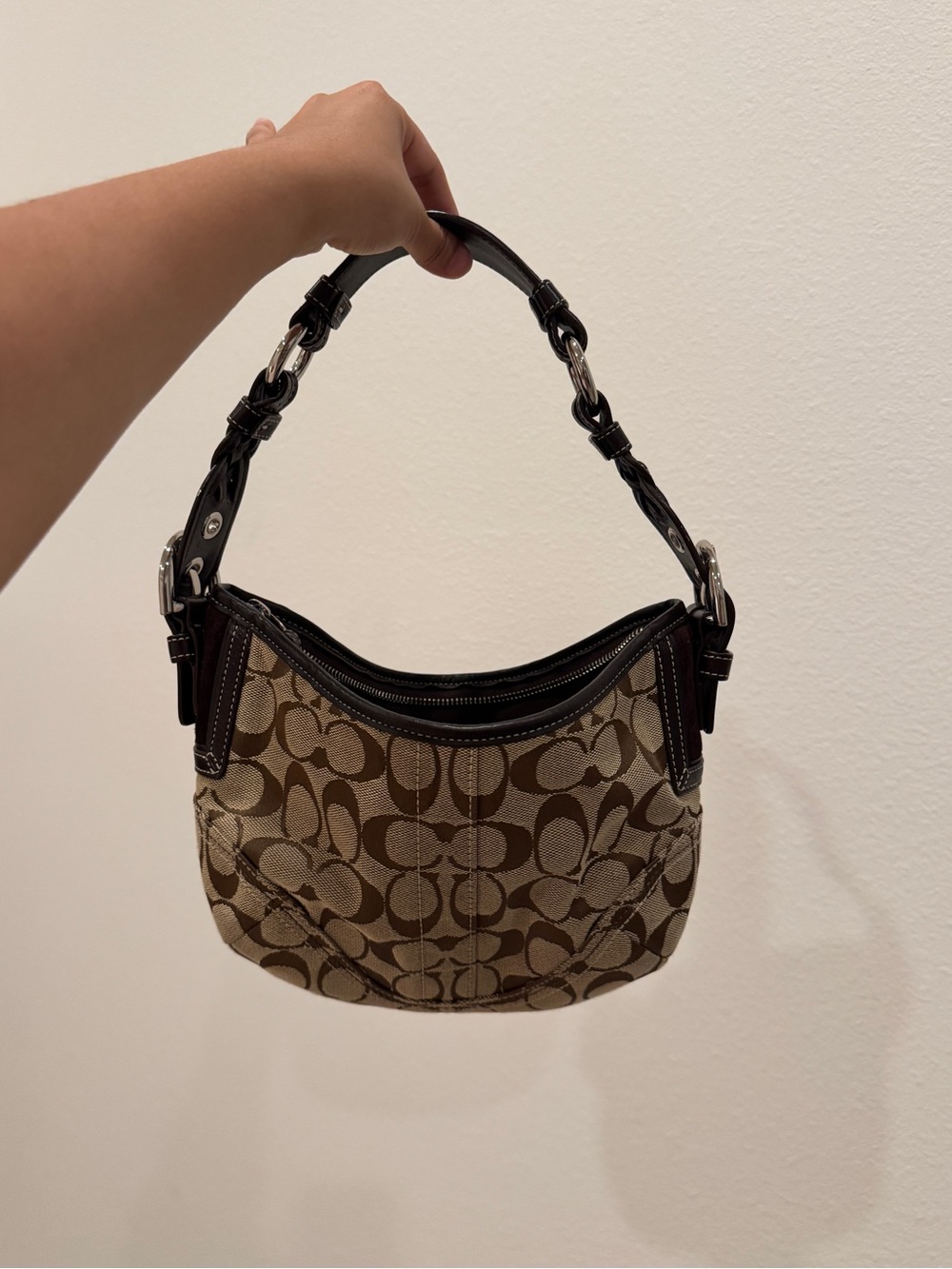 Vintage Coach Brown Signature Canvas Shoulder Bag with Dark Brown Trim